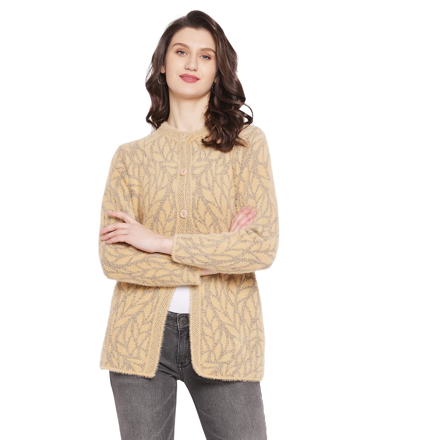Zigo Super Warm Super Soft Hairy Woolblend Round Neck Full Sleeves Self Design Cardigan-HW8143-CAMEL