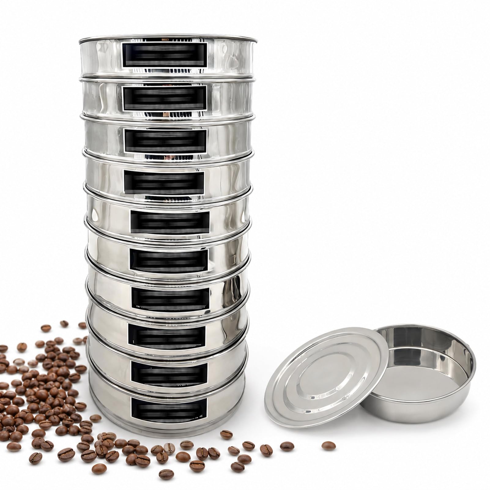 10-stufiges Sieb zur Kaffeebohnen-Sortierung, 8 Zoll, Edelstahl 20cm-430 | Volle Kontrolle über die Auswahl der Bohnengröße. 10 Präzisionssiebe (Mesh-Größe 12–21) in einem Set
