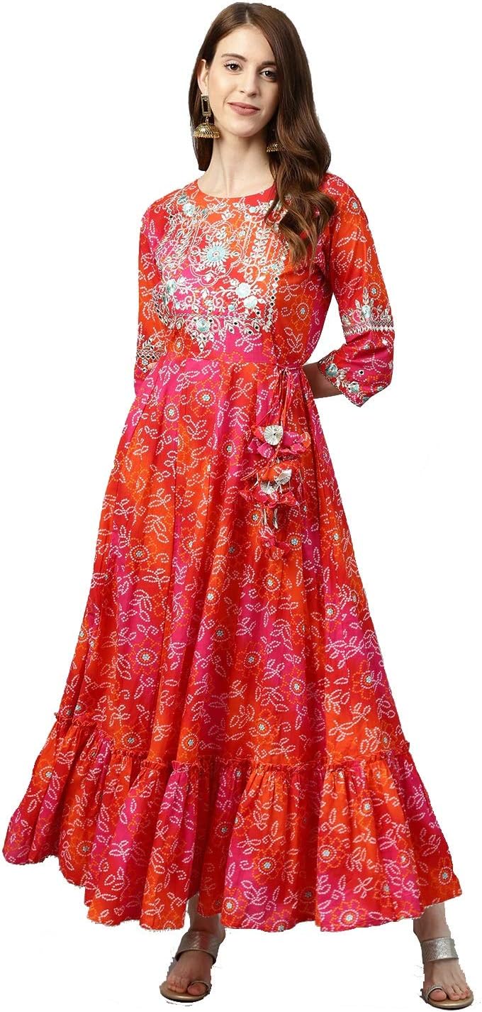 Women's Cotton Printed Anarkali Embroidery Kurti