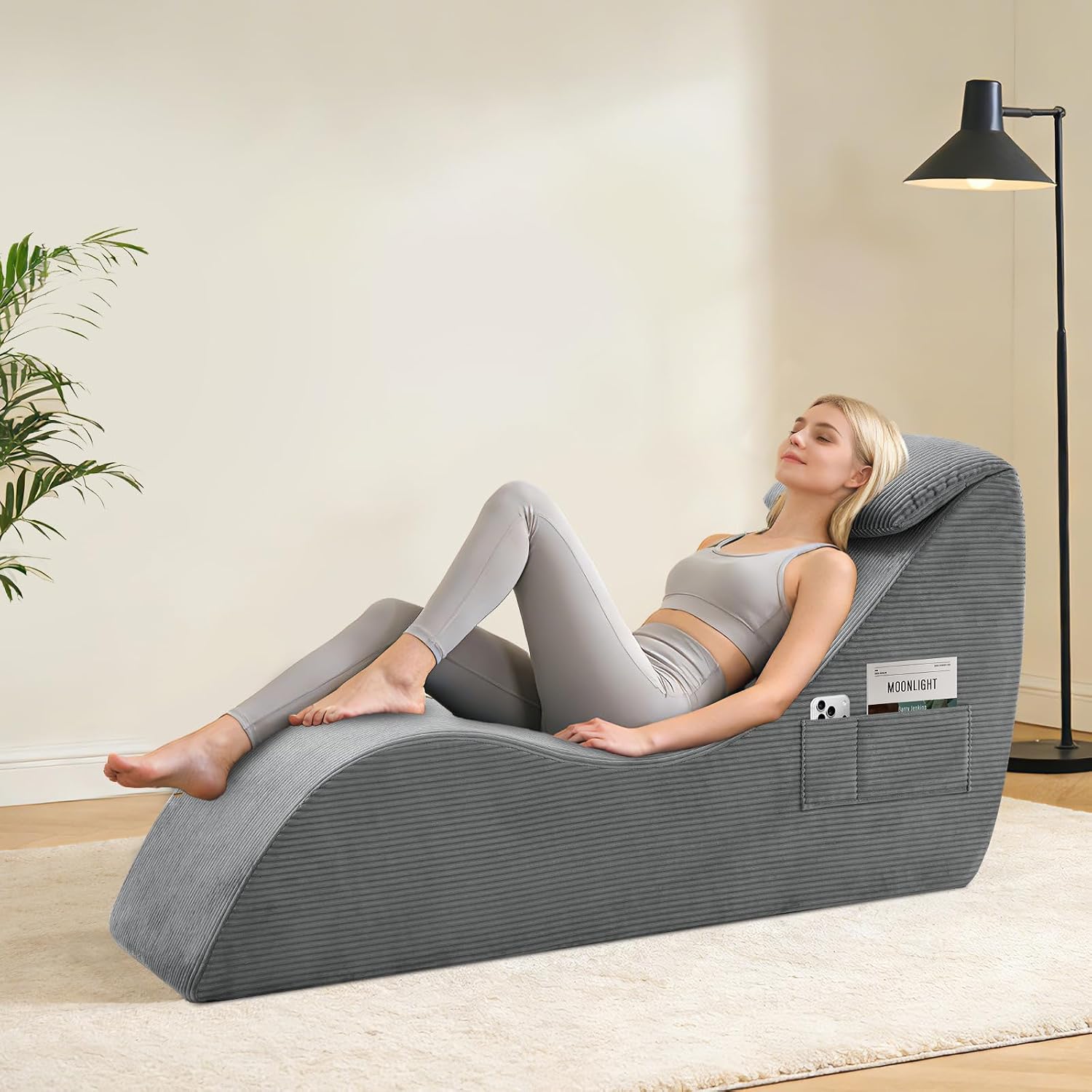 Yoga Chairs for Adults, Ergonomic Chaise Lounge Chair Indoor with Side Pocket, Lumbar Pillow, Ottoman, Yoga Chair Perfect for Stretching, Relaxation, Exercise, Used in Bedroom, Living Room（Black）