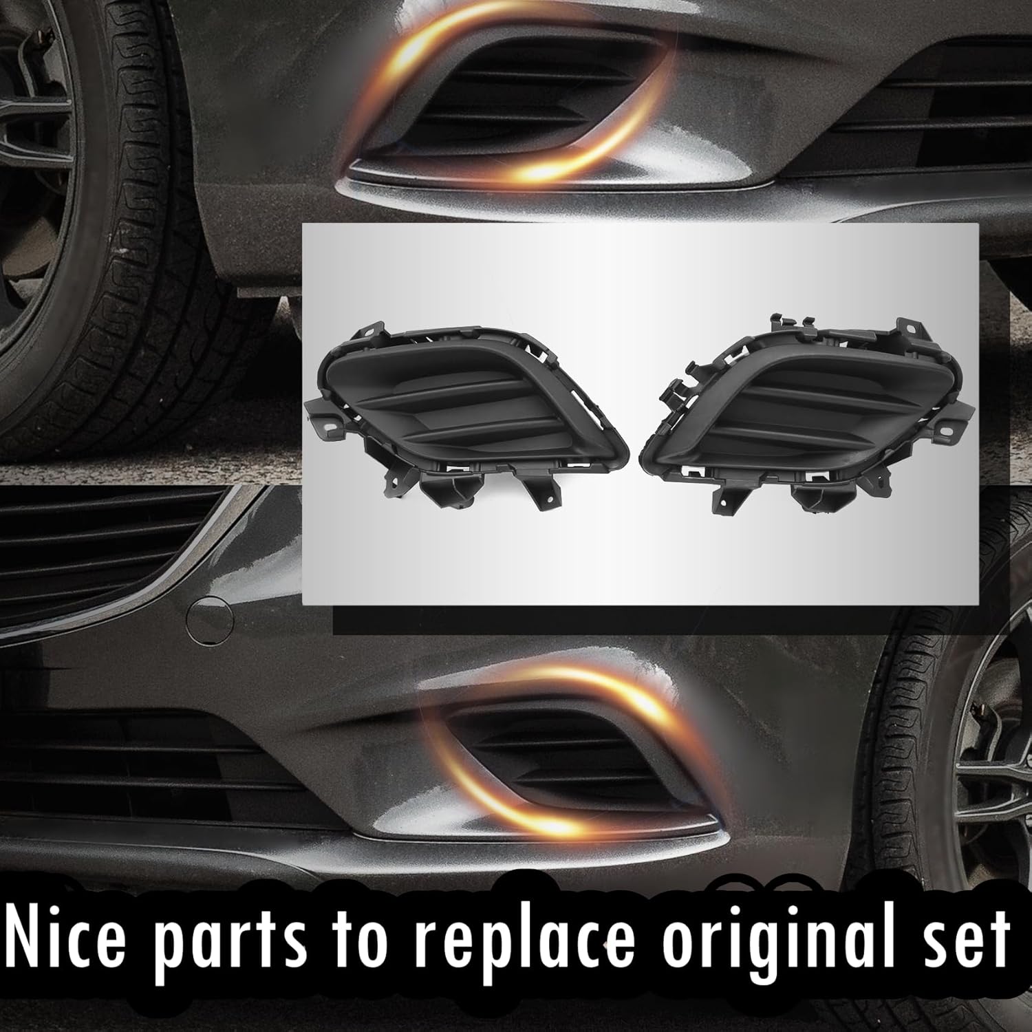 Front Bumper Lower Grille with 1 Pair Fog Lamp Light Bezel Covers Molding Trim Fit for Mazda 6 2014 2015 2016 2017 (No Logo) Replace for GJR9501T1A GHP950C11A GHP950C21A