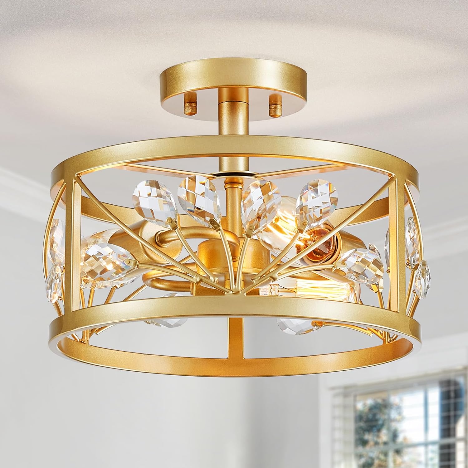 WUZUPS Crystal Leaf Chandelier 3-Light Vintage Farmhouse Industrial Semi-Flush Mount Ceiling Light Modern Lighting Fixture for Foyer Bedroom Hallway Storage Room Kitchen Bathroom, H 8.5" W 12", Gold Gold, Crystal leaf