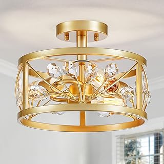 WUZUPS Crystal Leaf Chandelier 3-Light Vintage Farmhouse Industrial Semi-Flush Mount Ceiling Light Modern Lighting Fixture for Foyer Bedroom Hallway Storage Room Kitchen Bathroom, H 8.5" W 12", Gold