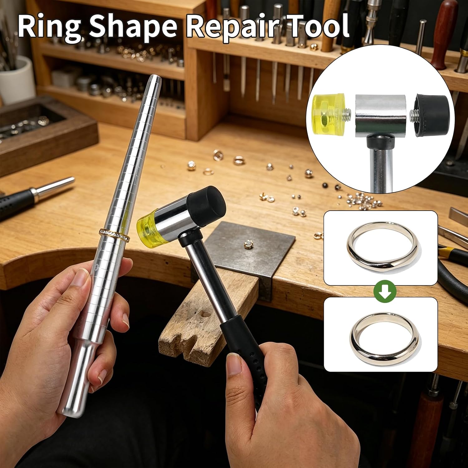 Bracelet Ring Sizer Measuring Tool Set with Bracelet Mandrel Ring Mandrel and Rubber Hammer for Measuring and Repairing Rings and Bracelets Jewelry Makers DIY