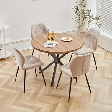 GrandCA HOME Juego de Mesa y Sillas de Comedor, Mesa de Comedor Redonda de 100 CM y 4 Sillas Modernas de Lino, para Comedor, Cocina, Sala de Estar (Oscuro + Caqui)