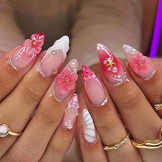 24 Stück Französische Künstliche Nägel Zum Aufkleben Almond, Glossy Rosa Weiß Press On Nails Mit 3D-Effect Blumen Und Perlen, Full Cover Falsche Nägel für Frauen Maniküre(Pink Flower)