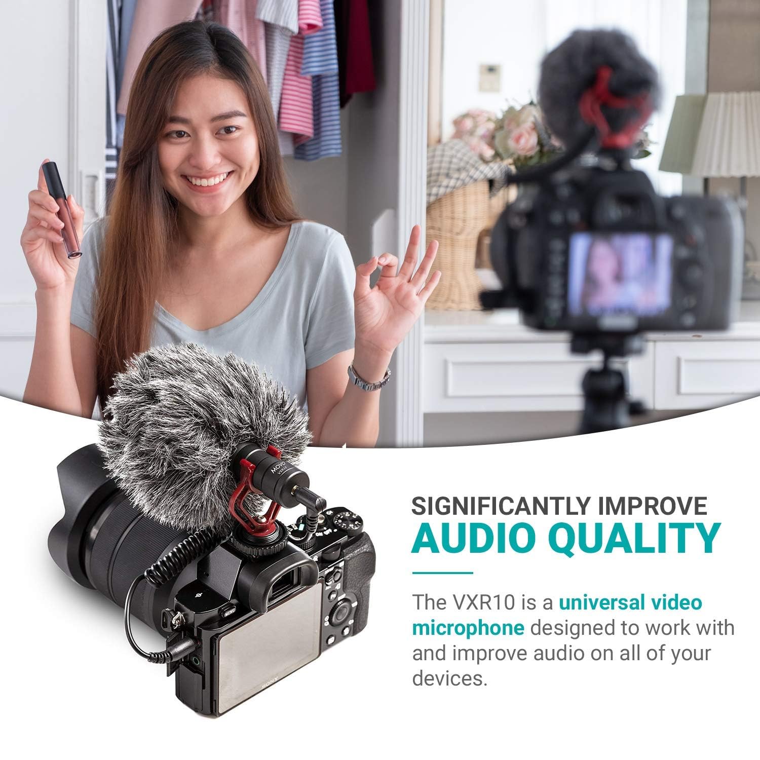 Movo VXR10 Uniwersalny mikrofon typu shotgun do kamer DSLR, iPhone’a, Androida, kompatybilny z aparatami Canon EOS, Nikon i Sony, uchwyt amortyzujący, osłona przeciwwiatrowa Deadcat | Mikrofon do aparatu DSLR, iPhone, Android - kierunkowy mikrofon strzelb