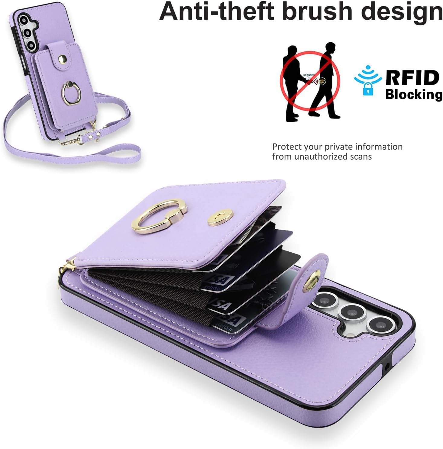 Phone Case for Samsung Galaxy A35 5G Magnetic Wallet Cover Detachable and Screen Protector Ring Kickstand Crossbody Lanyard Strap Compatible with MagSafe RFID Blocking A 35 35A for Women Purple