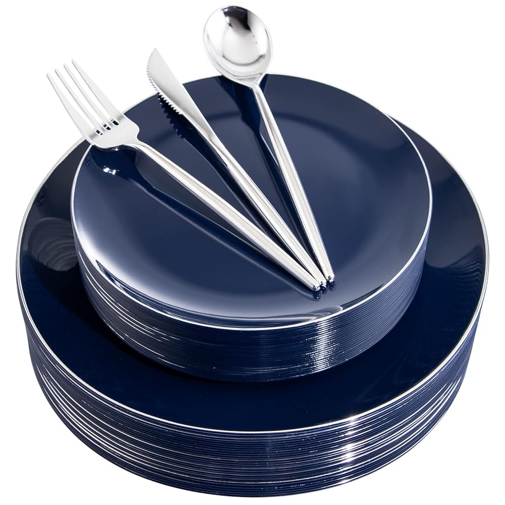 I00000 150Pcs Blue Plastic Plates,Hanukkah Plastic Plates,Navy Blue Disposable Plates with Silverware include 30 Dinner Plates10.25,30 Dessert Plates10.25,90 Silver Silverware Set for Party