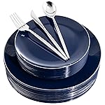 I00000 150Pcs Blue Plastic Plates,Hanukkah Plastic Plates,Navy Blue Disposable Plates with Silverware include 30 Dinner Plates10.25,30 Dessert Plates10.25,90 Silver Silverware Set for Party
