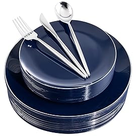 I00000 150Pcs Blue Plastic Plates,Hanukkah Plastic Plates,Navy Blue Disposable Plates with Silverware include 30 Dinner Plates10.25,30 Dessert Plates10.25,90 Silver Silverware Set for Party