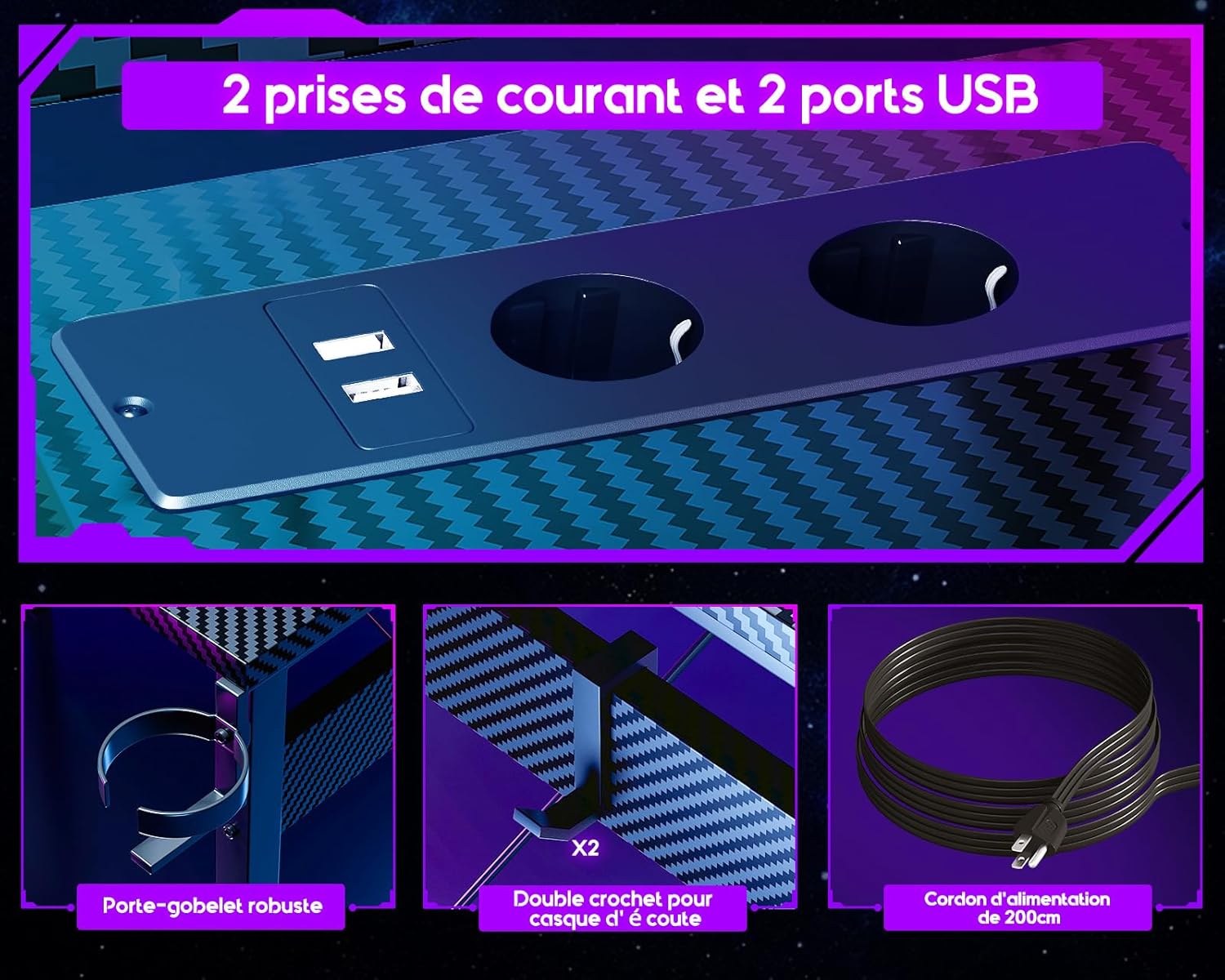 Close-up of the integrated power strip with AC outlets and USB ports