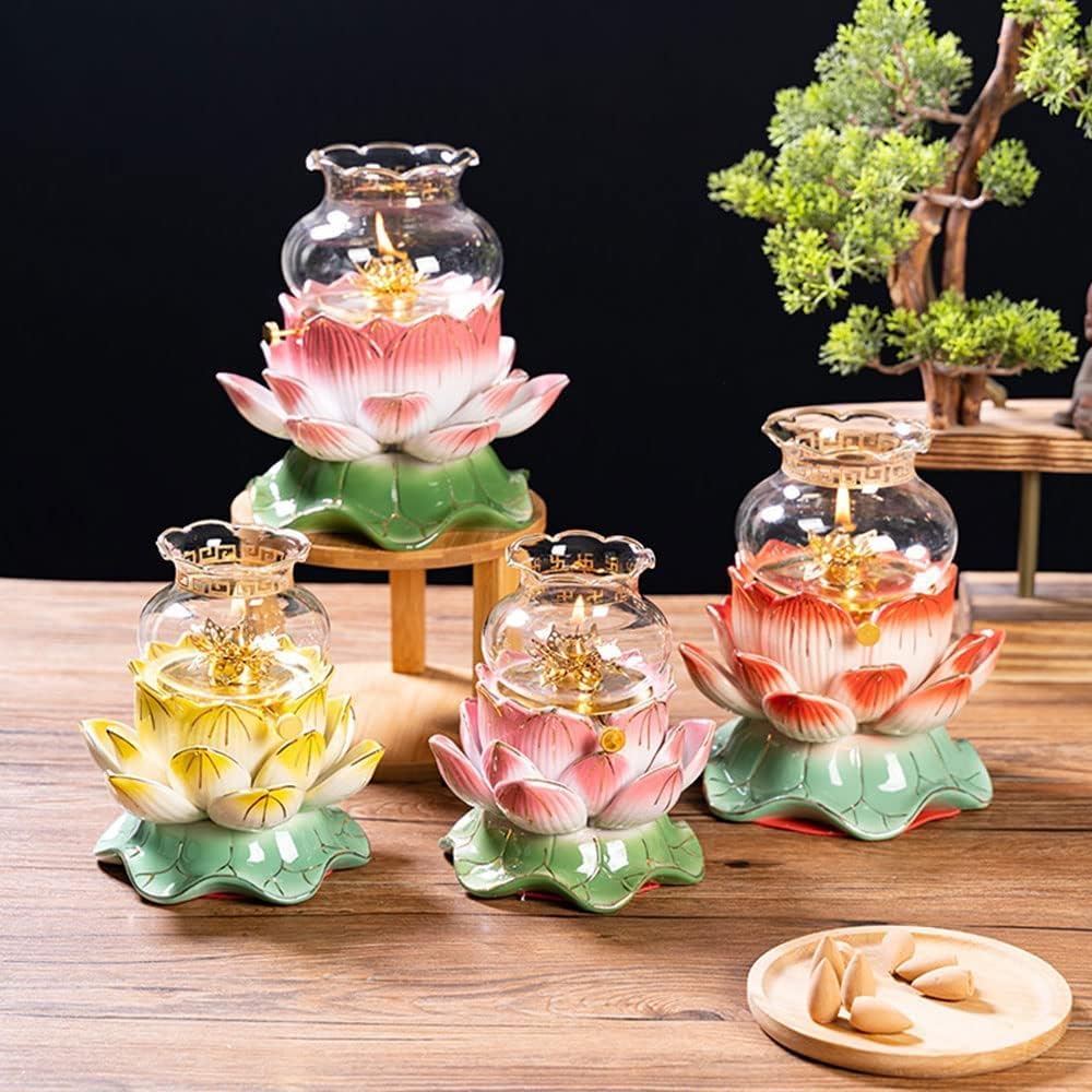 Decorative Lighting Oil Lamp Ceramic Lotus Buddha Front Light Glass Nightlights Home Emergency Lighting Kerosene Lamp Adjustable Fire Control Switch