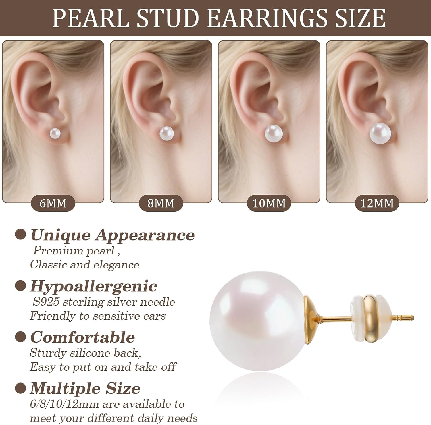 Shell Pearl Stud Earrings for Women, 925 Sterling Silver Posts | 18K Gold Plated, Round White Simulated Pearl Earrings for Sensitive Ears, Hypoallergenic Minimalist Jewelry