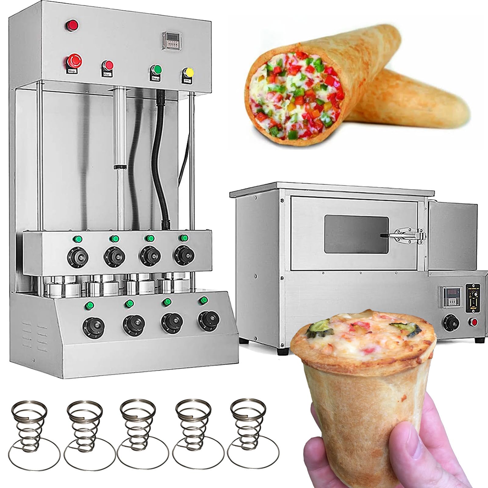 Stainless steel Pizza Cone maker Stand Ice Cream Cone machine 4 conical maker with 8 temperature controller 1 timer (cone maker+rotaty oven, 110V/60HZ)