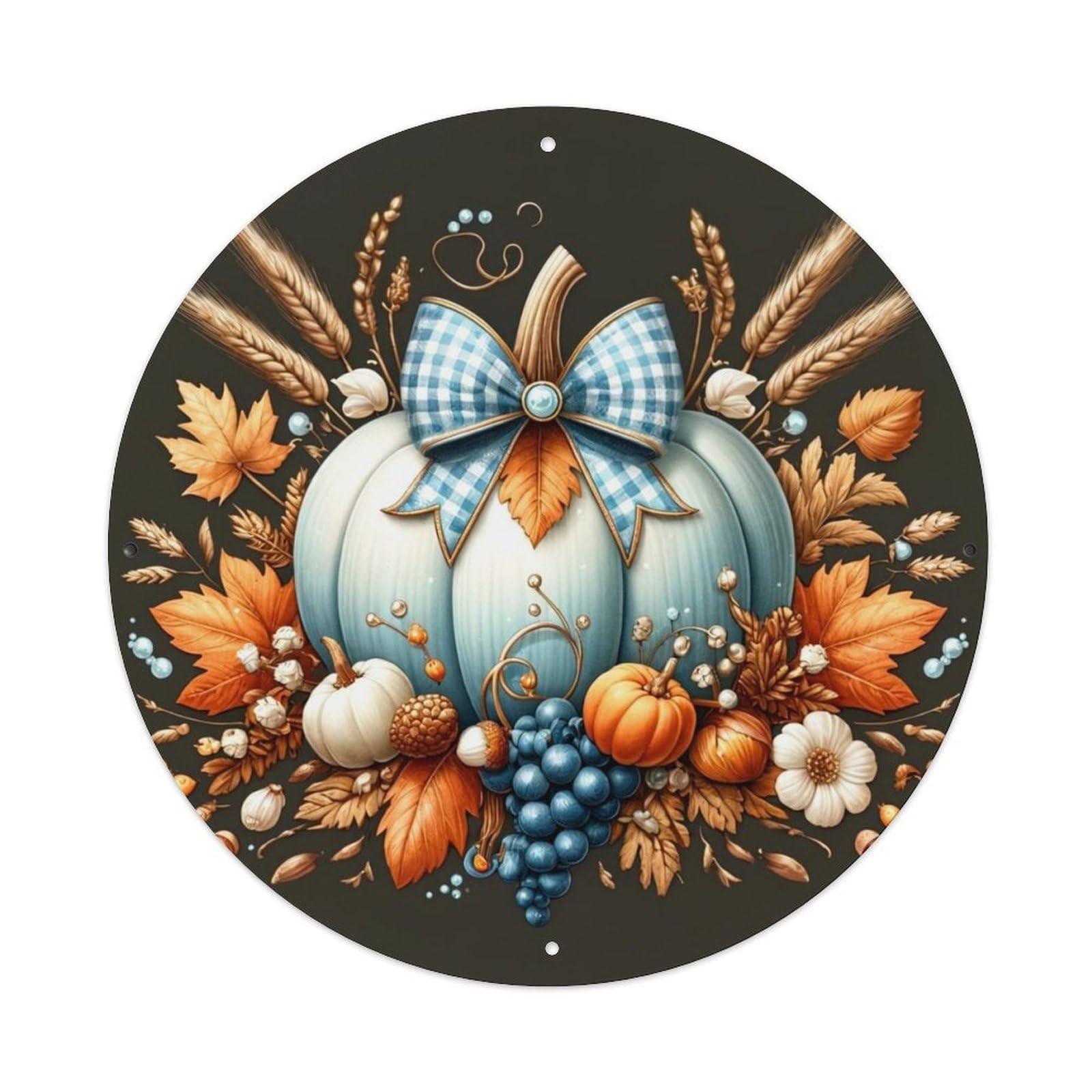 Autumn Pumpkin Harvest Bow Leaves Retro Metal Sign Round Tin Sign, Vintage Decor Art Poster for Bar, Home, Man Cave, Kitchen, Laundry Room Gift 8x8Inch