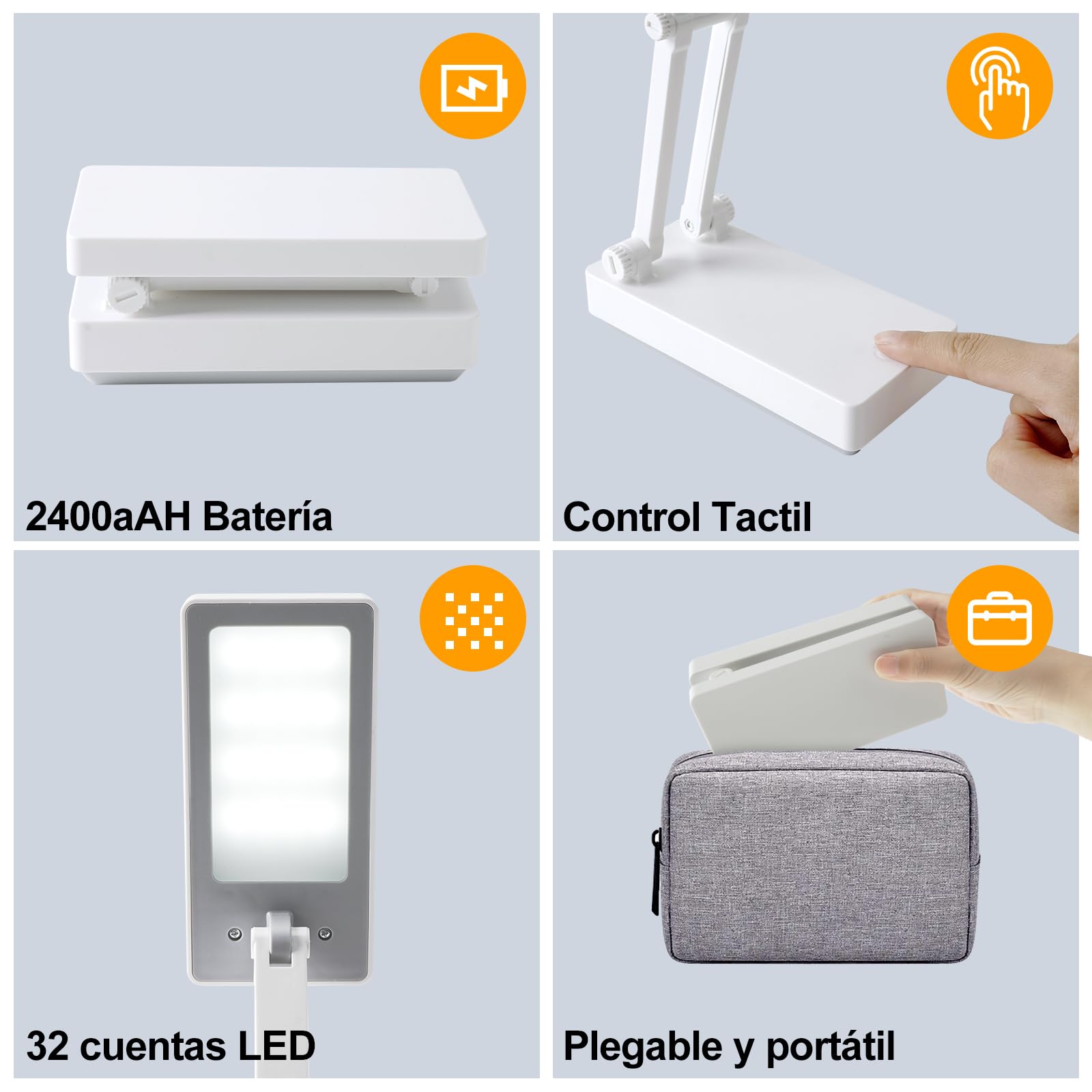Lámpara Escritorio LED, Flexo Lámpara Táctiles Plegables, Lamparas sin Cables Noche,Luz de Mesa con Pilas de 2400 mAh, 3 Modos,Luz de Escritorio Recargable para Dormitorio, Lectura, Estudio