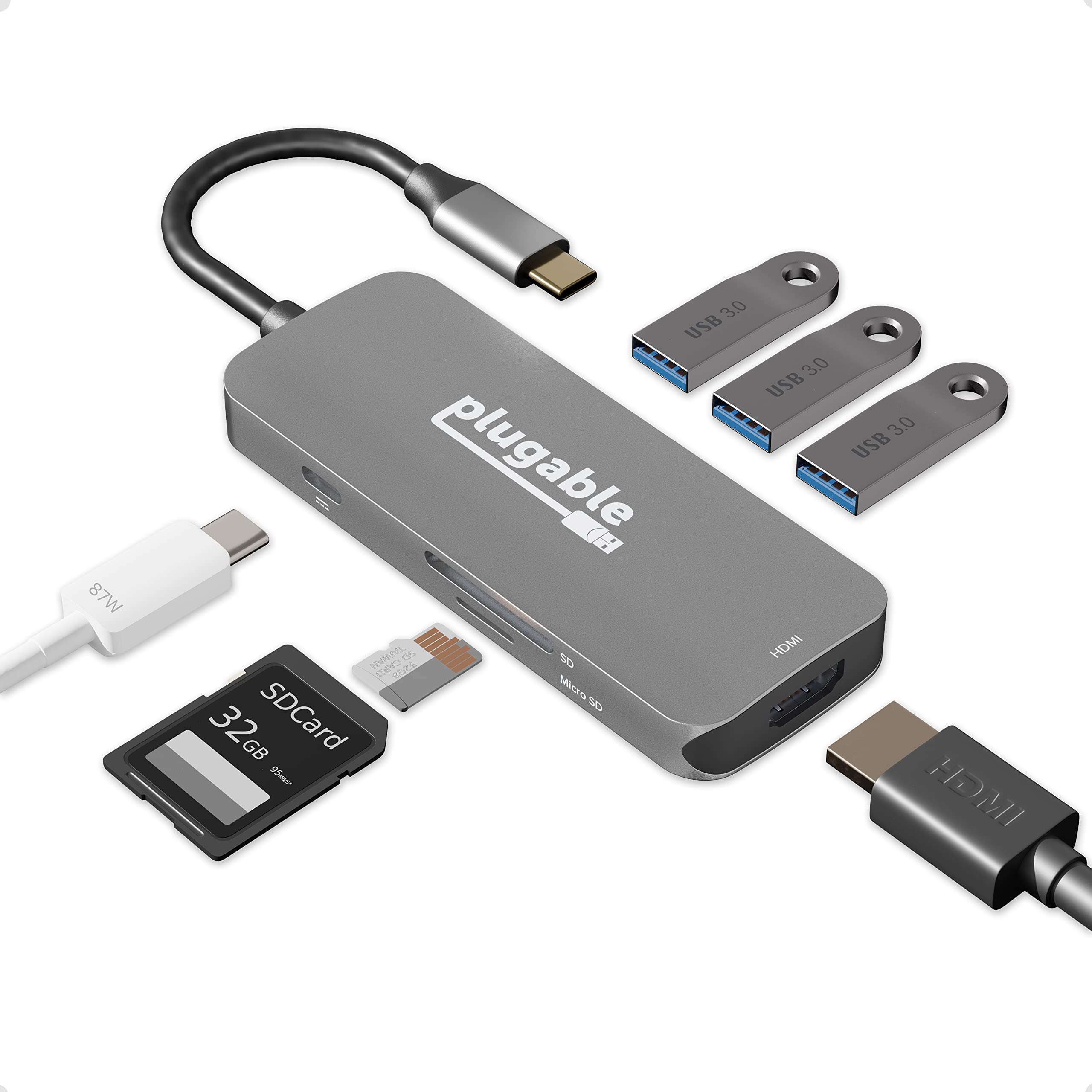 Plugable Adaptateur USB C 7 en 1 multiport, Hub USB 3.0 et USB C Compatible MacBook Pro, Windows, Chromebook, Dell XPS, Thunderbolt 3 etc. (HDMIK, 3X USB 3.0, Cartes SD et microSD, Chargeur 87 W)