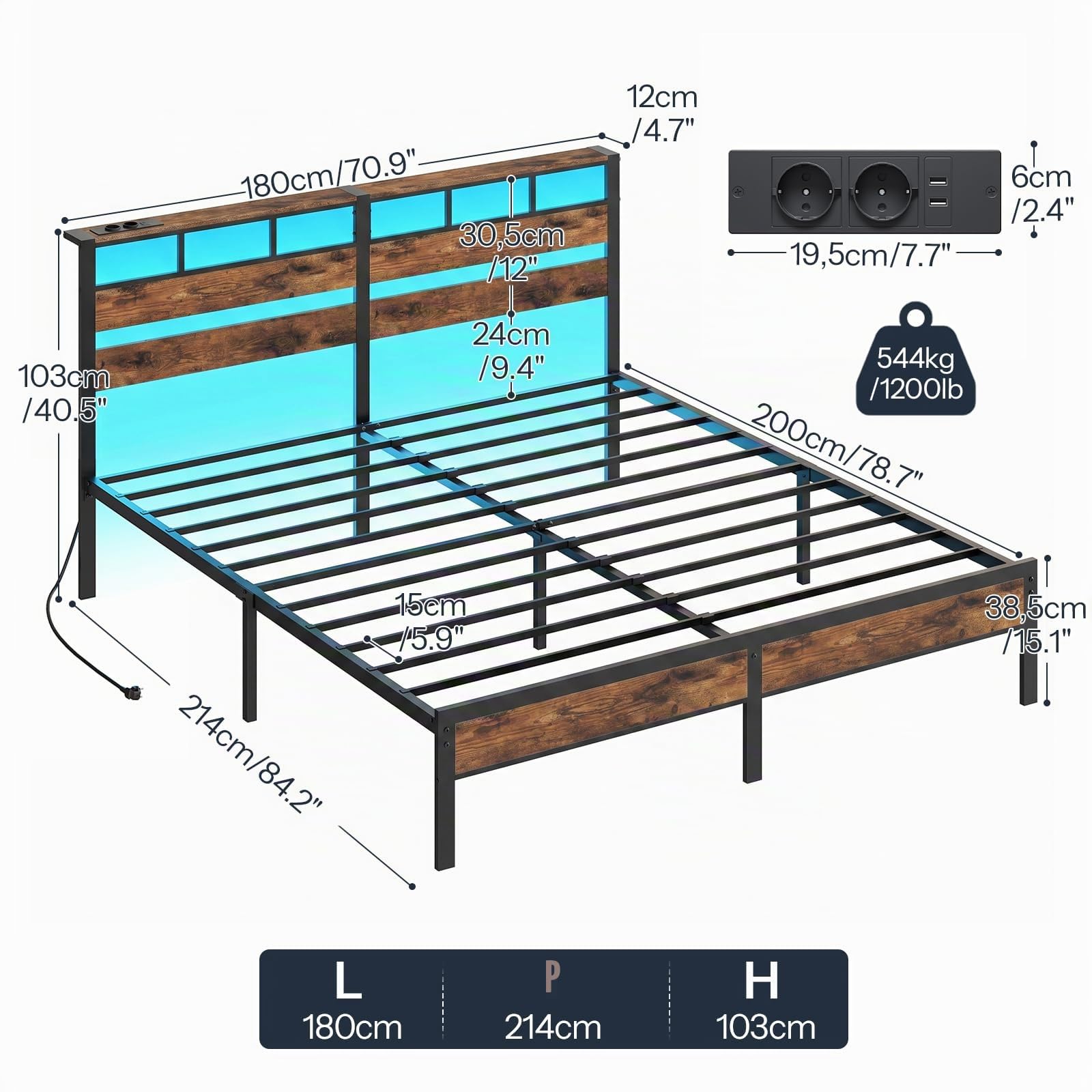 HOOBRO Lit 180 x 200 cm avec Sommier Métal, LED, Multiprise et Espace de Rangement, 2AC, 2USB-A, Lit Deux Personnes avec Cadre de Chevet, pour Chambre, Marron Rustique et Noir EBF80CDBF01