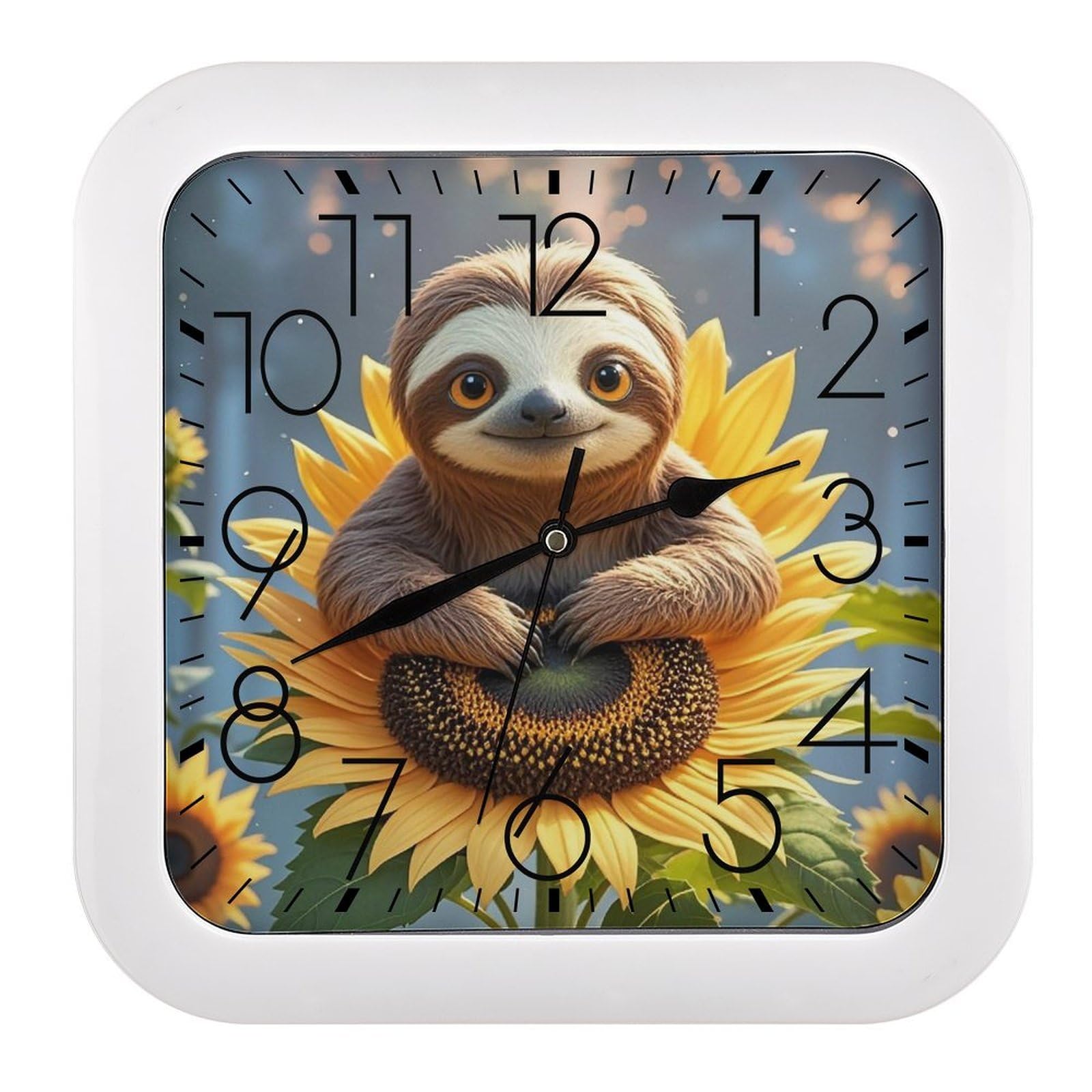 LZQPOEAS Cartoon Sloth Sitting on Sunflower Wall Clock Fashionable Versatile Silent Wall Clock Simple Elegant Non Ticking Analog Clocks Easy to Install Square Modern Clocks for Home Decoration