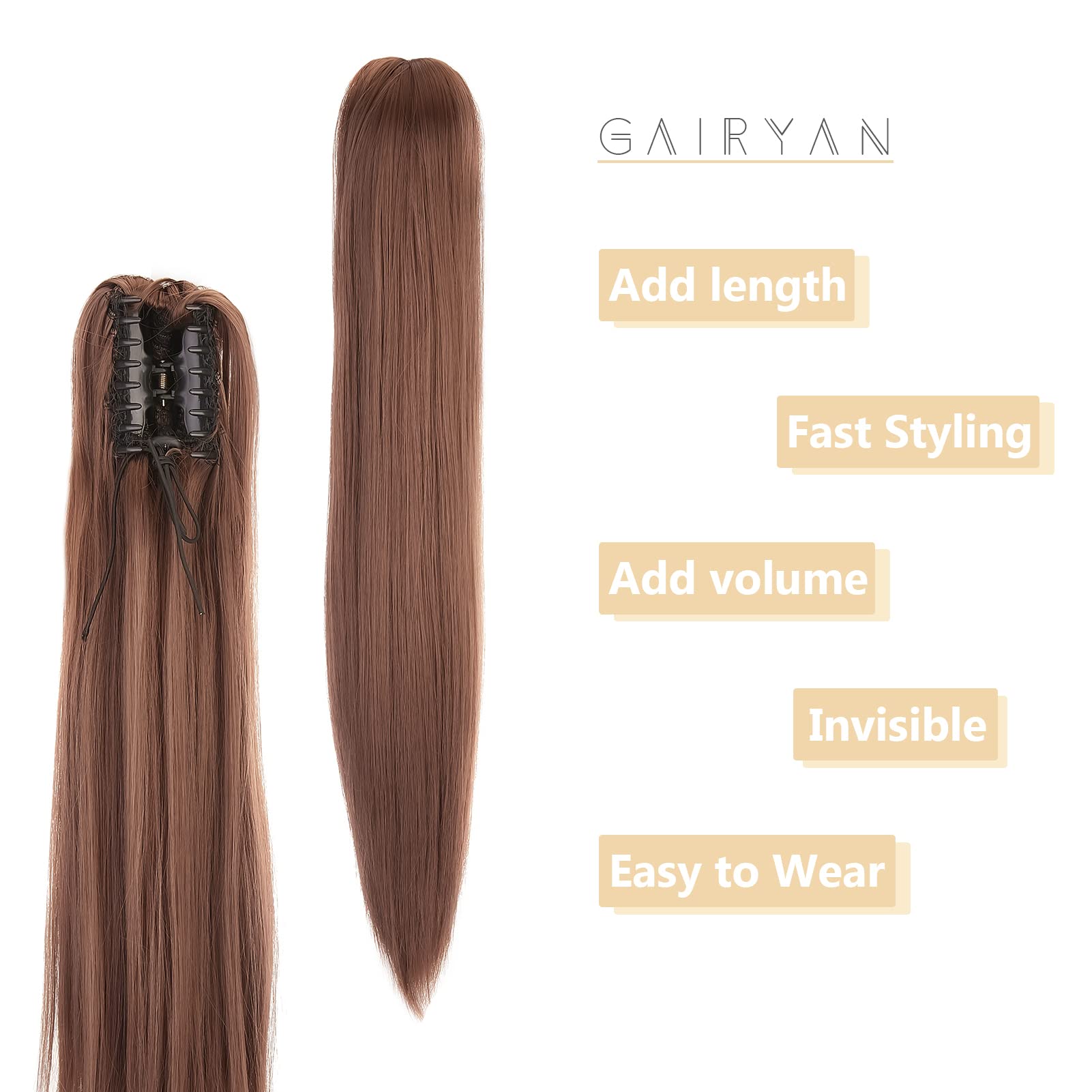 Gairyan 21" Ponytail Extension Clip in Ponytail Hair Extensions Blonde Straight Pony Tails Claw on Ponytail Long Wave One Piece Synthetic Hairpieces for Women Soft Dark Auburn - Image 2