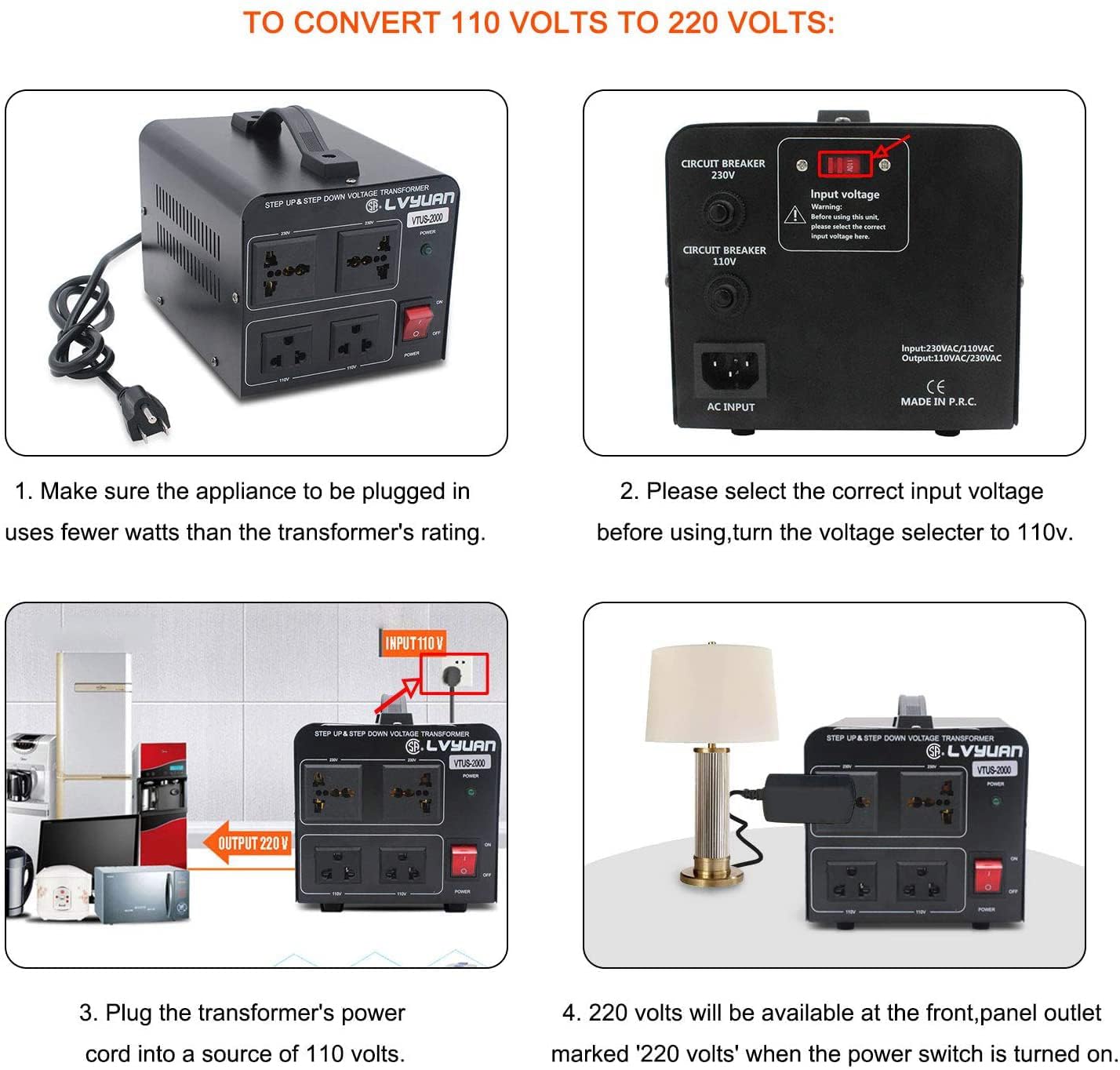 Cantonape Convertitore trasformatore di tensione 2000 Watt Step Up/Down Convert da 110-120 Volt a 220-240 Volt e da 220-240 Volt a 110-120 Volt con 2 prese USA, 2 prese universali