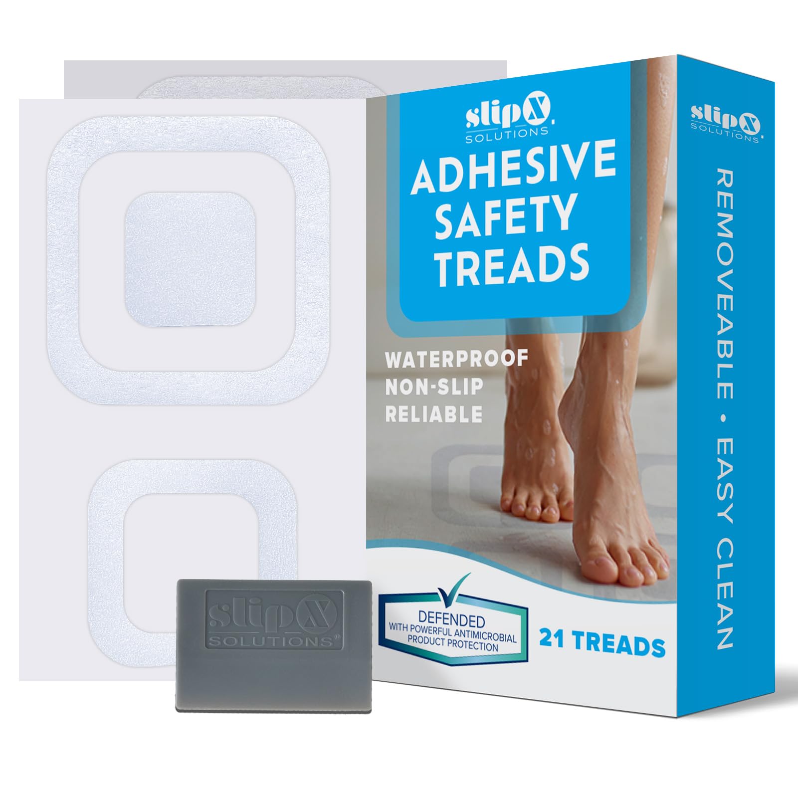 SlipX Solutions Square Adhesive Anti-Slip Safety Treads, Reliable Grip for Bathtubs, Showers, Stairs & More, Power Grip Floor Grips (21 Count, Clear) Design Your Own Pattern