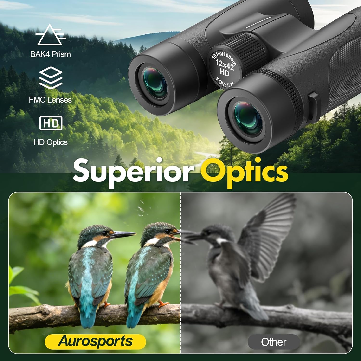 12x42 Binoculars for Adults High Powered - Aurosports Nitrogen-Purged IPX7 Waterproof HD Binoculars for Bird Watching and Hunting with BAK4 Prism Long Range Binocular Black