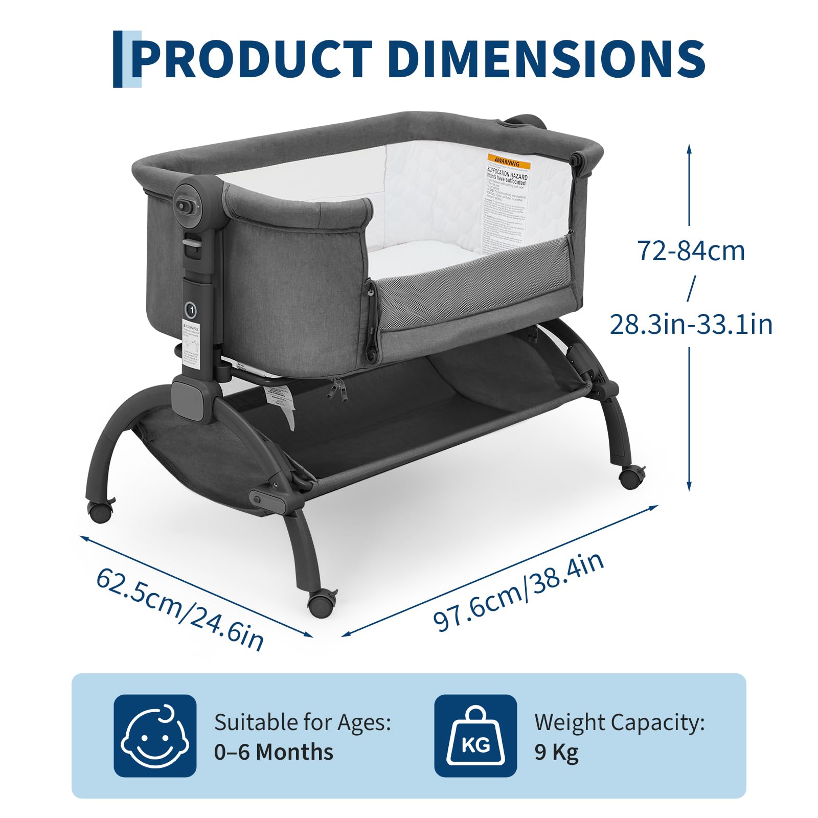 GarveeTech Beistellbett Baby höhenverstellbar mit Matratze, Mesh-Seiten, Wiegefunktion, Rollen mit Bremse, Moskitonetz, Ablagekorb und Tragetasche, für Neugeborene 0–6 Monate