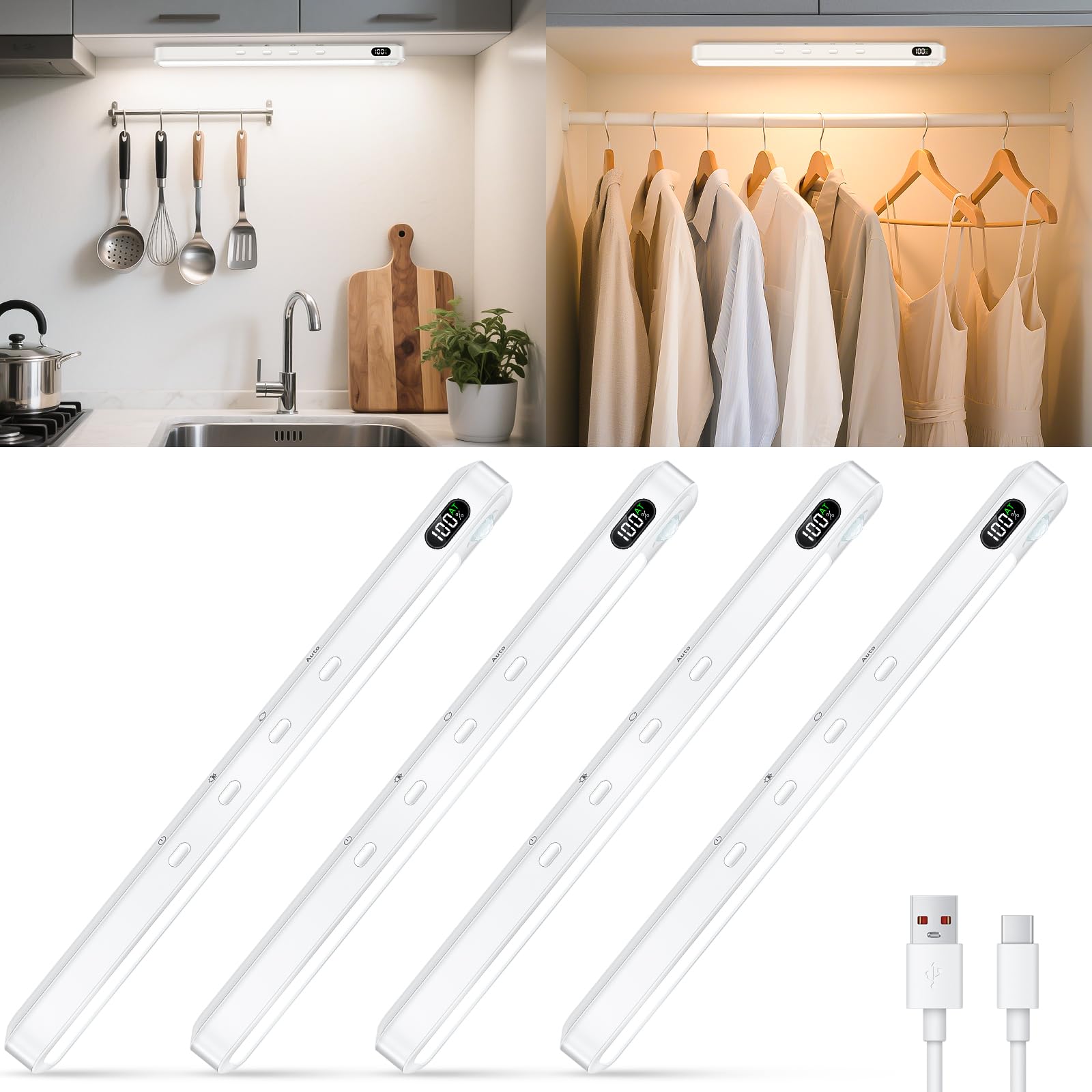 WILLED Unterbauleuchte Küche Led,64 LEDs Schrankbeleuchtung mit Bewegungsmelder,Wiederaufladbare USB Küchenlicht 3 Farbtemperaturen Dimmbar Schranklicht für Schrank,Küche, Kleiderschrank(4 Stück)