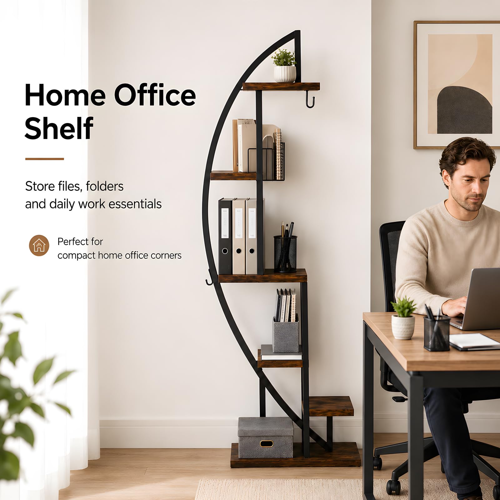 Bücherregal im Industrie Design mit LED Pflanzenlicht 1 Stück halbmodförmiges Eckregal Holz Metall schmales Standregal für Flur Wohnzimmer neben Sofa Schlafzimmer 50x30x160 cm