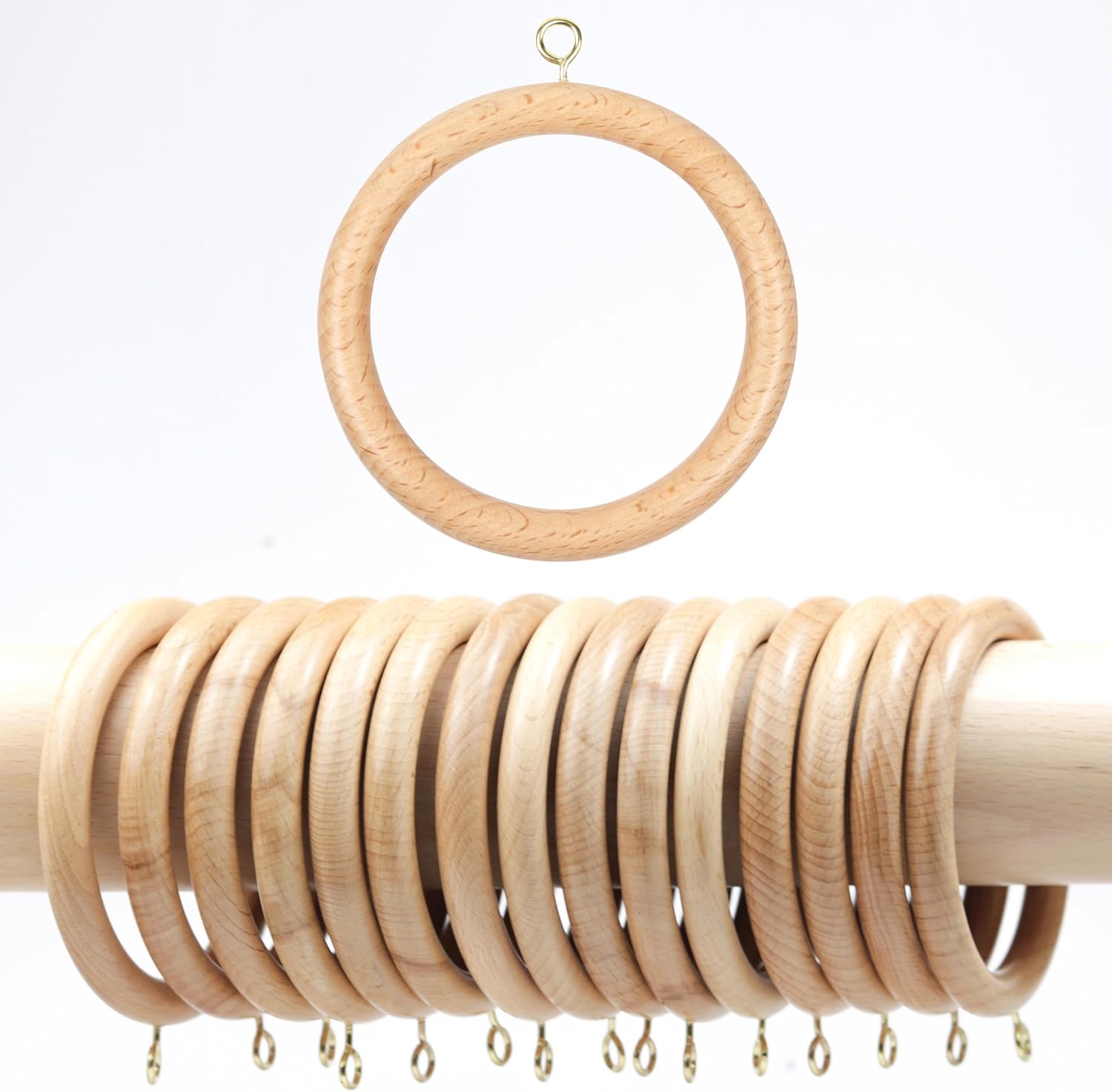 50 Pieces 2 Inch Wooden Drapery Curtain Rod Rings for 1 inch Rod Pole, 1.25 INCHES Inner Dia, Natural Beech Wood (50, 1.25 INCH Inner Dia)