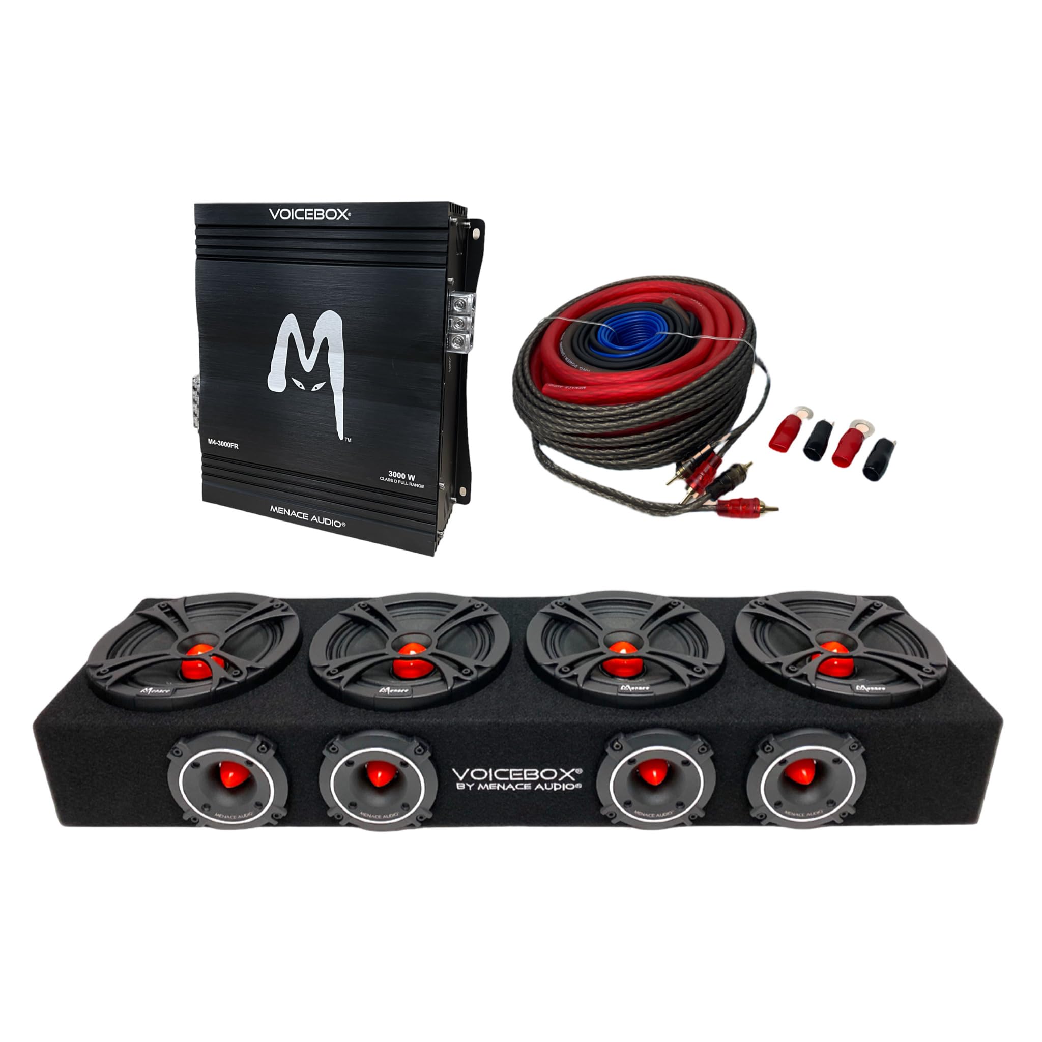 MENACE AUDIO VOICEBOX 4-6.5" Midrange Enclosure & 3000w 4-Channel Amplifier Package - RED