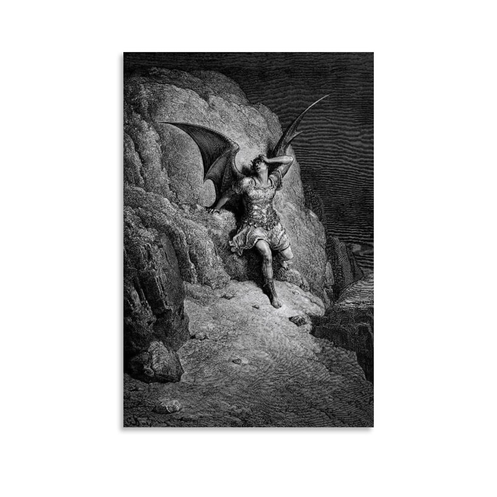 Nganoh Unframe-Style Depiction Of Satan By Gustave Dore Canvas Printed Poster Wall Art Picture Painting Canvas Prints Artworks Bedroom Living Room Decor 08X12inch(20X30cm)