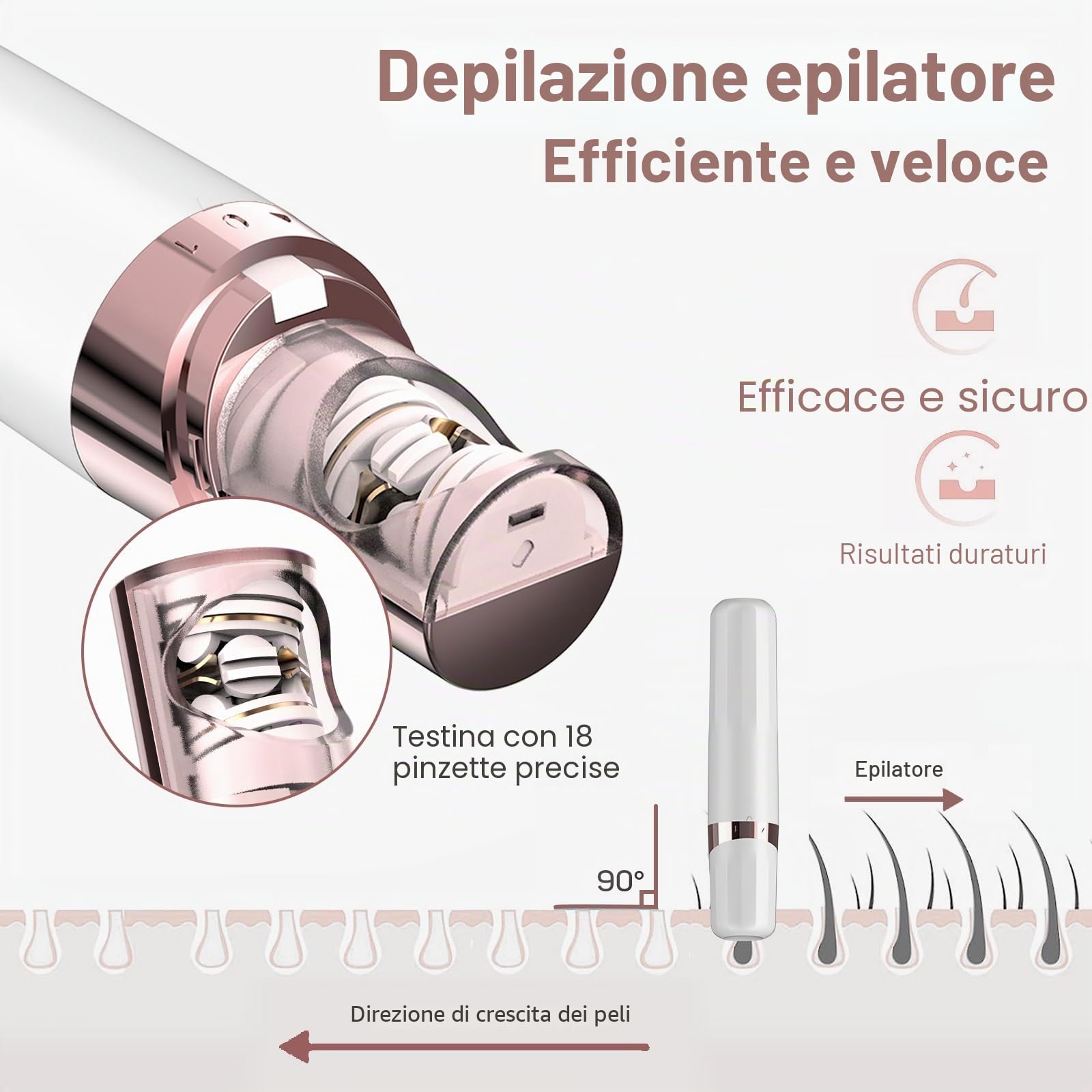 Epilatore per il viso da donna, a batteria, per la rimozione dei peli del viso, braccia, luce LED, per la depilazione viso da donna, testa placcata in oro 18 carati, per tutte le età