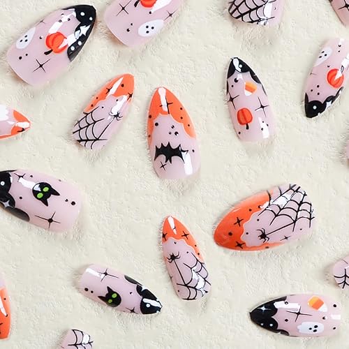 Miniatura 2 de Uñas postizas a presión de Halloween, punta francesa, uñas postizas cortas de almendra, puntas de uñas negras con bonitos diseños de fantasmas y