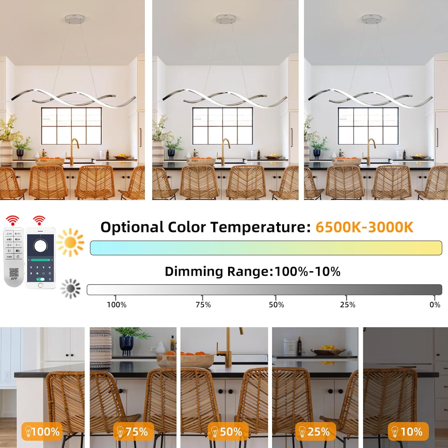 Dimmable Chrome Chandelier for Dining Room, Adjustable Height Pendant Light Fixtures Over Table, Modern Kitchen Island Lighting, 42.9in 31W (Chrome 42.9")