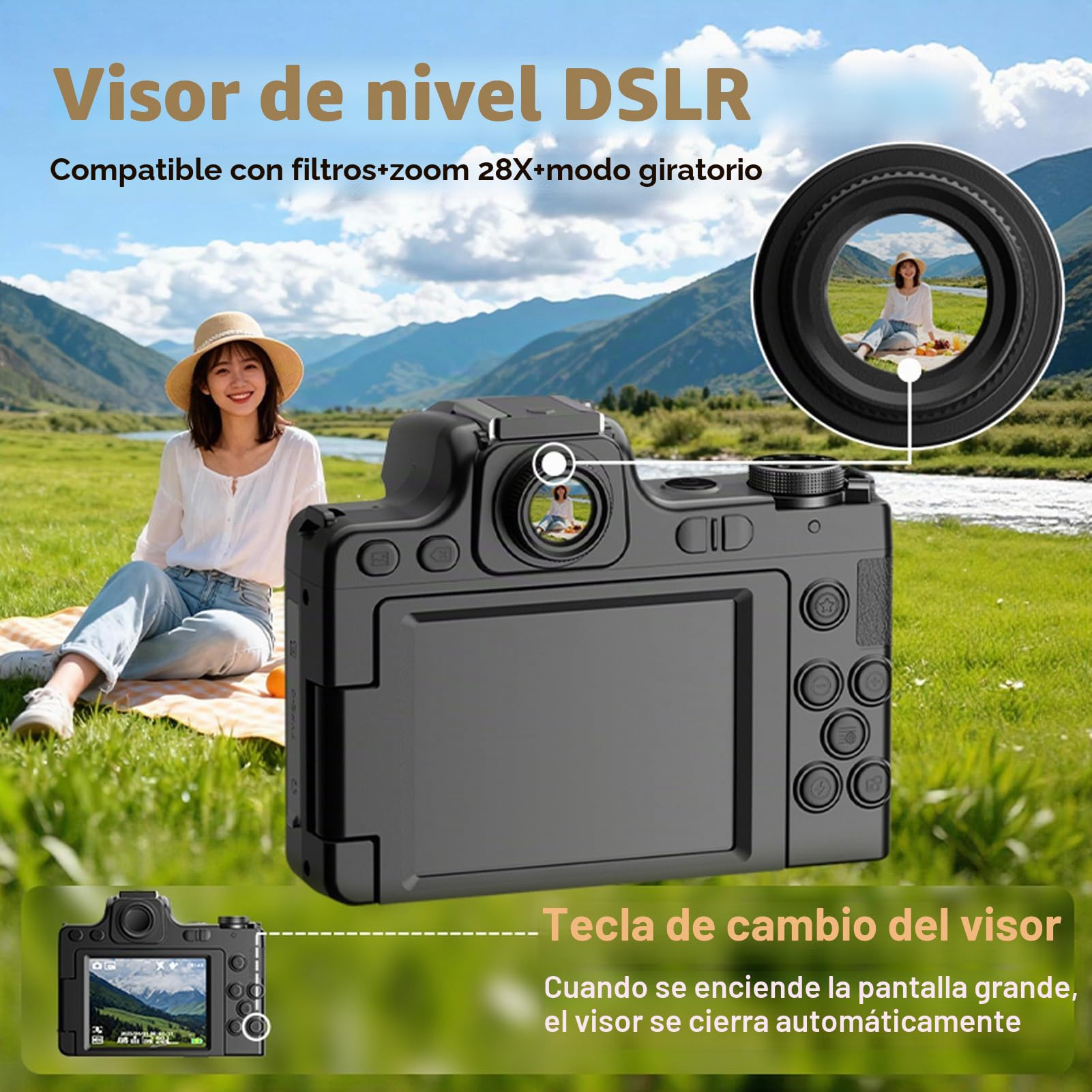 Annadue Cámara Digital DSLR 4K para Fotografía, Cámara Vlogging de 68 MP con Pantalla Abatible de 2,8 Pulgadas, Zoom 28X, Enfoque Manual AF Autofocus MF, Videocámaras de Viaje
