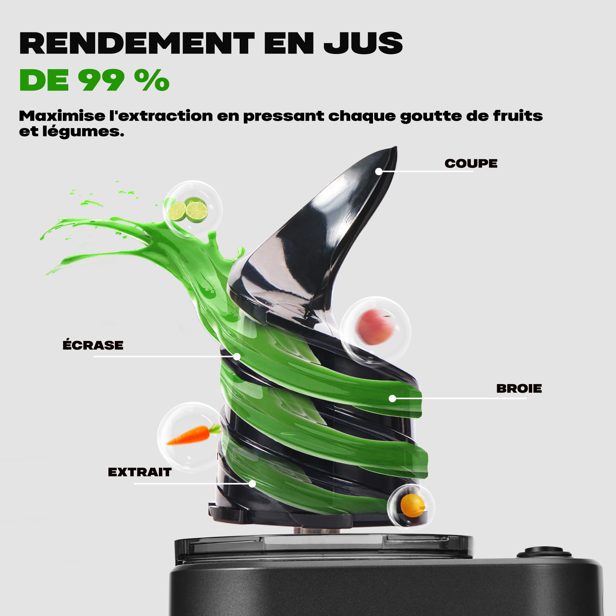 Extracteur de Jus de Fruits et Légumes 14cm 2L Slow Juicer Facile à installer Matte Noir