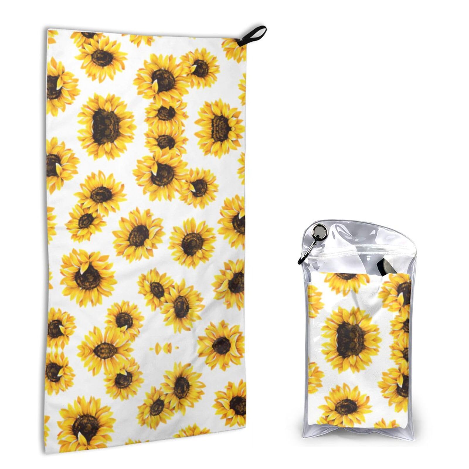Sunflower Print Quick Dry Microfiber Towel 16x31.5 Inches, Super Absorbent Lightweight Compact Travel Towel With Carabiner & Carry Bag For Outdoor, Beach, Gym, Camping