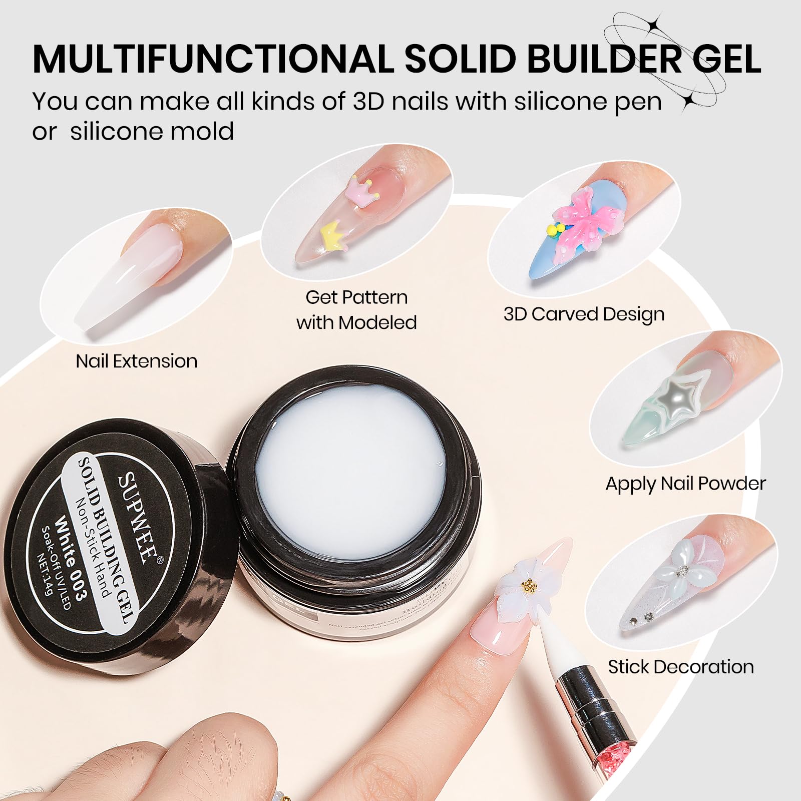 SUPWEE Żel 3D Nail Art do paznokci, żel scuplting z wzorem biały | Nieklejący, solidny żel budowlany z wzorem pędzla do paznokci, tłoczenie, twardy salon "zrób to sam" w domu, 14 g