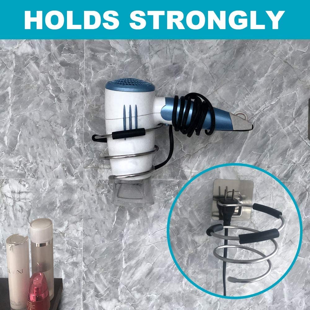 ARQIVO Spiral Hair Dryer Holder Wall Mounted Storage Organizer Rack Blow Dryer Holder Punch-Free Stainless Steel Hairdryer Holder Bathroom Shelf (Silver) 3