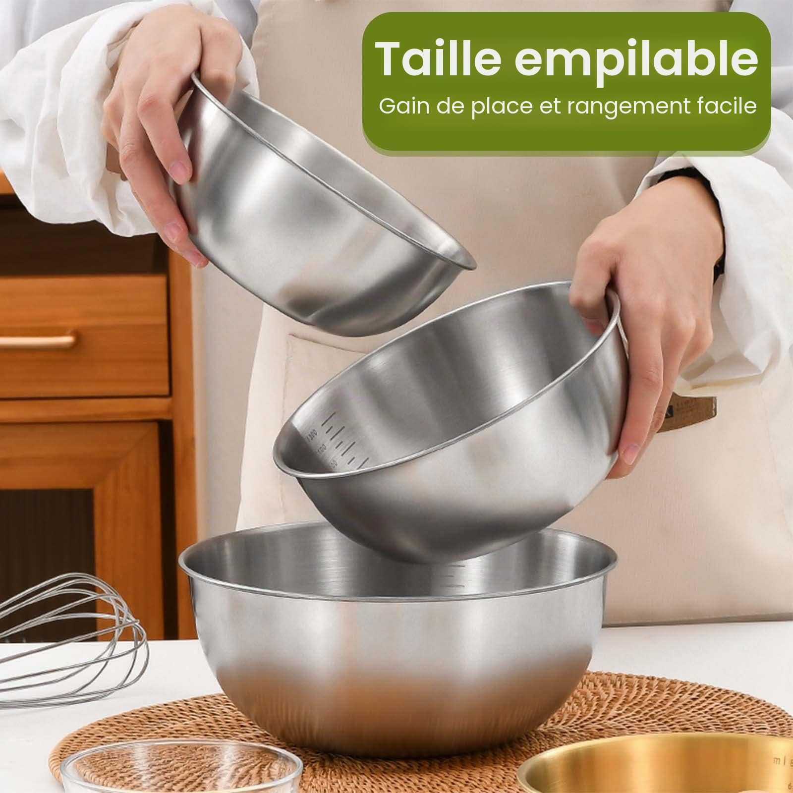 Gucass Lot de 5 Cul de Poule Inox, saladier inox empilables (0,7 L / 1,2 L / 1,8 L / 2,5 L / 3,5 L), bol inox cuisine et lavables au lave-vaisselle, parfaits pour pâtisser et préparer les aliments
