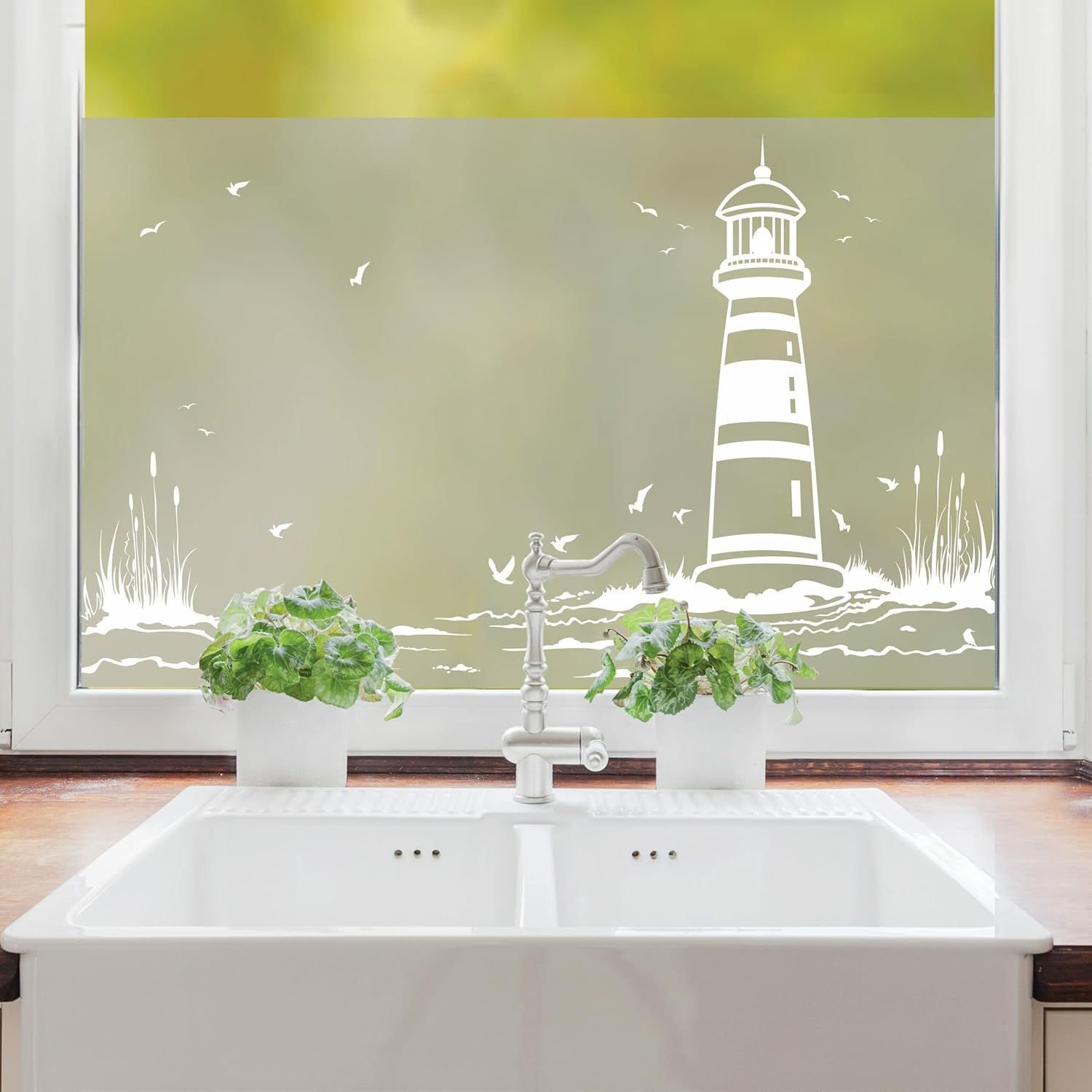 Privacy Film Lighthouse Maritime Window Film Window Cover Window Covering Decoration Frosted Glass Film, 55 cm High, 100 cm Wide