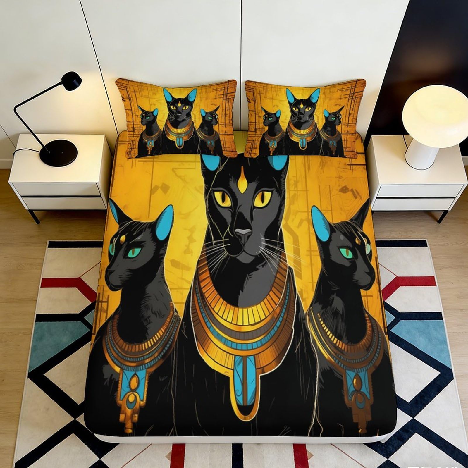 Jqzkxnhpbr Style-9 3D Printed Egyptian Black Cat Fitted Sheet Microfiber Soft Art Mattress Cover For Bedroom Guest Room Decor 90X200x25cm
