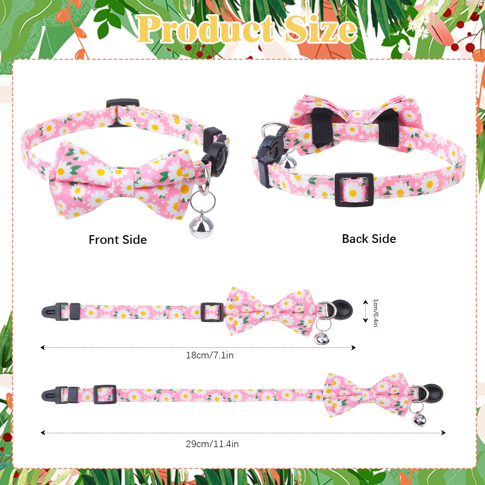 4 collares de gato separables con pajarita y campana, collar floral para gatito con pajarita extraíble, collares de seguridad ajustables para niñas y gatos