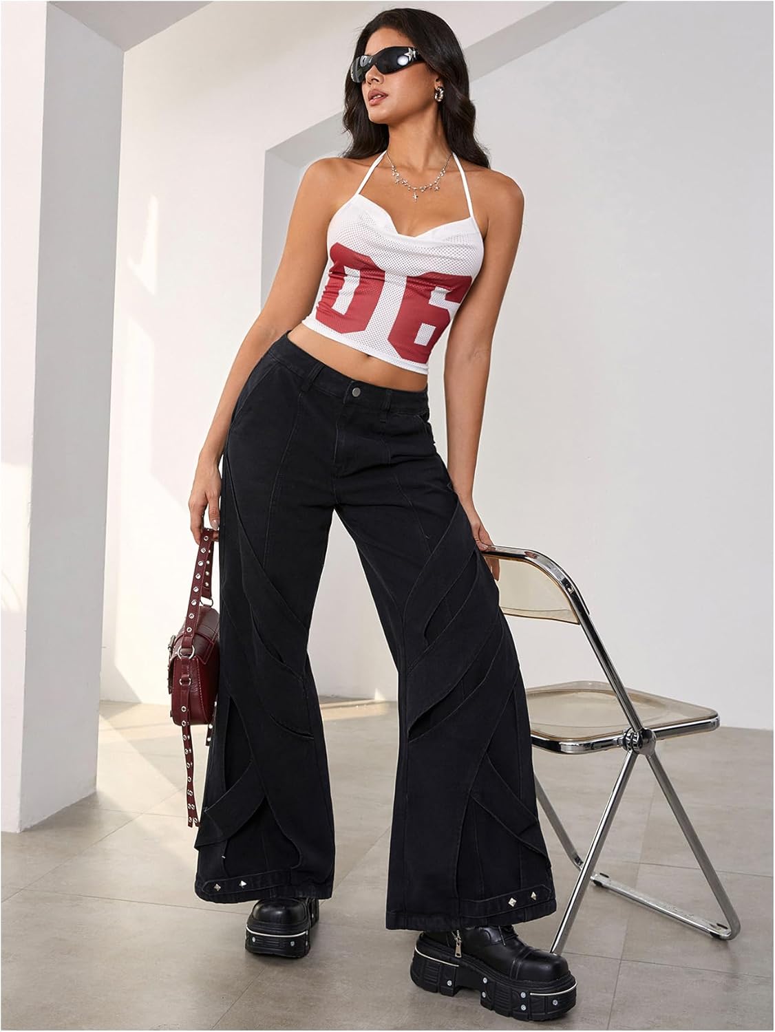 MakeMeChic Women's Y2k Jersey Shirts Letter Print Top Halter Top Draped Tie Backless Lace Up Tank Crop Tops - Image 5