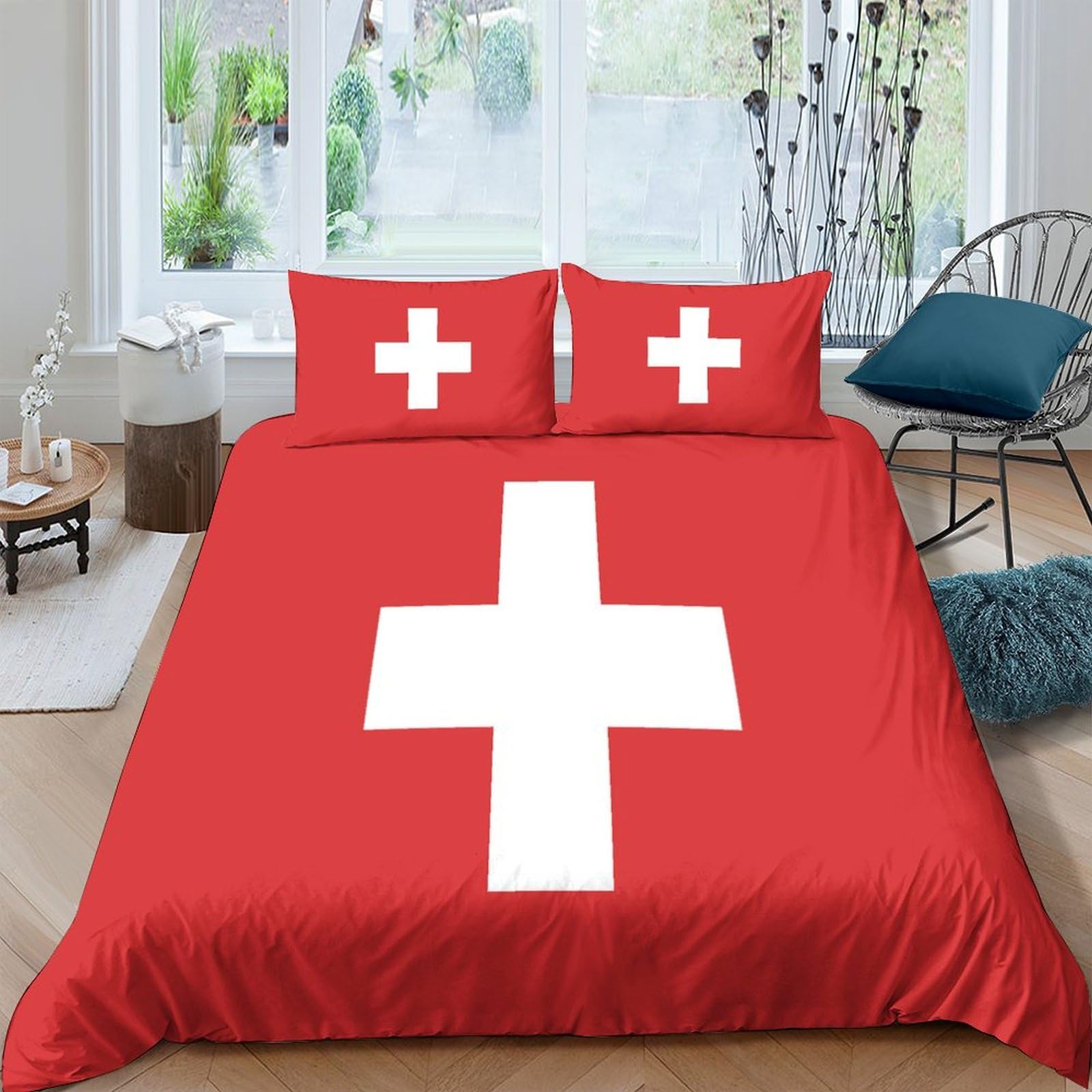 AAHARYA Flag of Switzerland Bedding Set Duvet Cover Soft Microfiber Quilt Cover with 3D National Flag Print Design for Kids Teenagers Adults King（220x240cm）