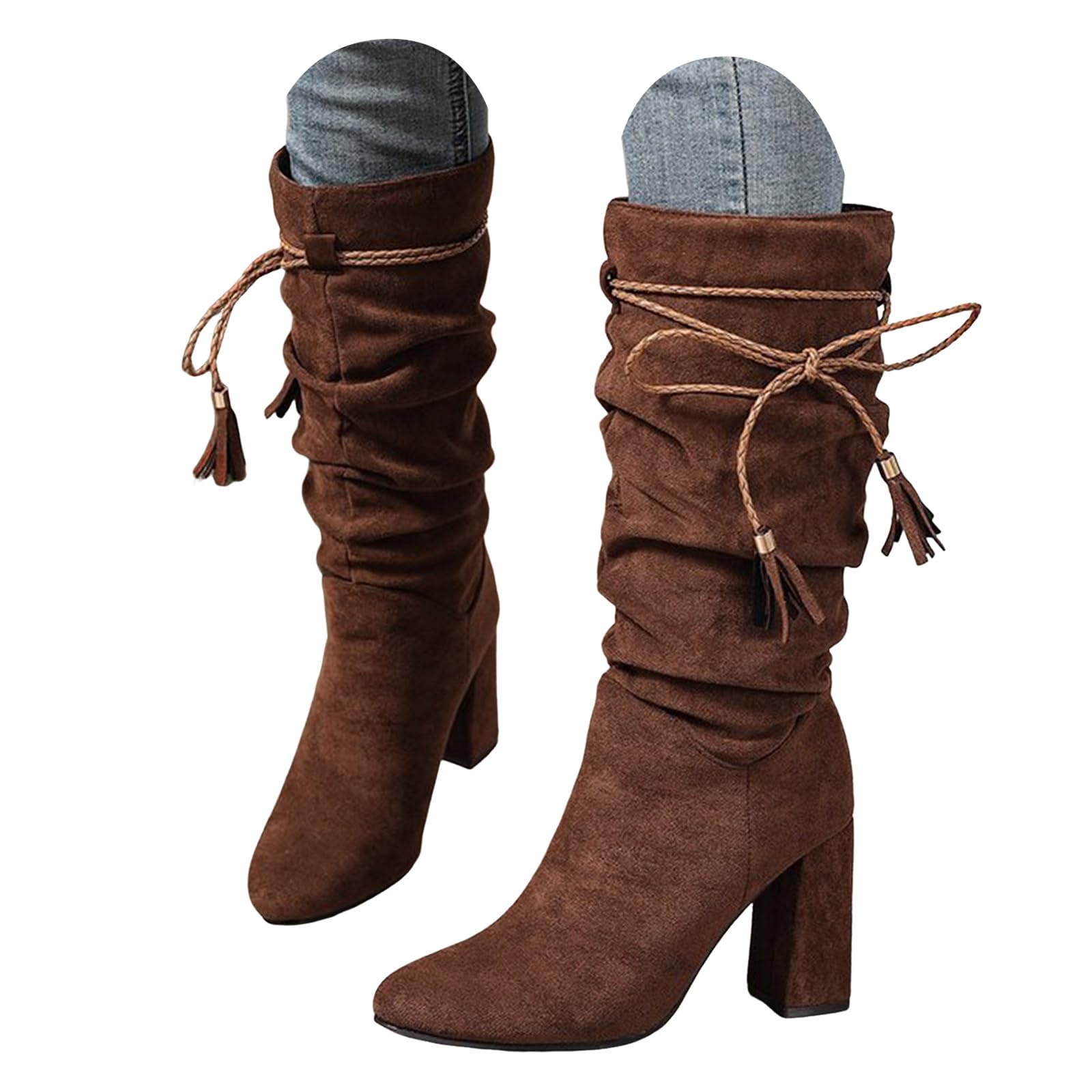 ZSpzx Women Suede Knee High Boots Slouchy Ruched Suede Wide Calf Lace up Chunky Block High Heel Round