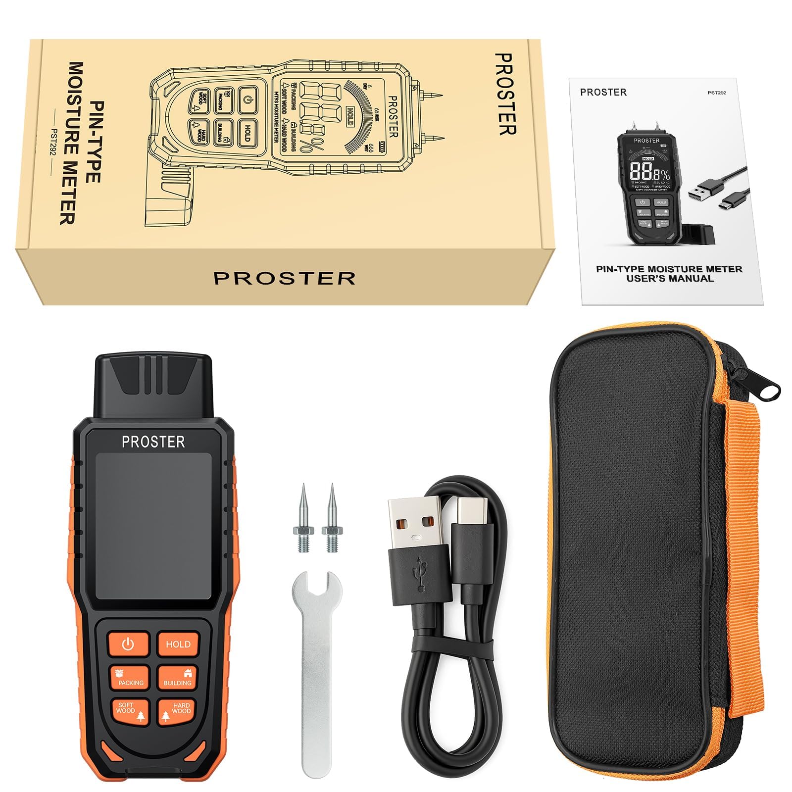 Proster Humidimètre Numérique à Broche Remplaçables Haute Précision 4 Modes Écran LCD Couleur Testeur Humidité Portable Rechargeable